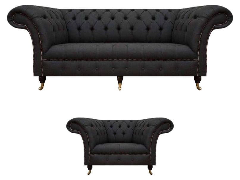 Chesterfield Designer 3-zits bank en fauteuil set, zwart textiel, 2-delig