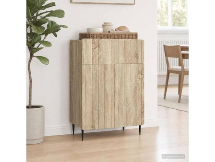 Jkghdrt Sideboard Sonoma-Eiche 66 x 34,5 x 92 cm Holzwerkstoff Streifendetail an Kanten, Pendeltür, Regalfächer, schwarze Eisenbeine, feuchtes Tuch zur Reinigung
