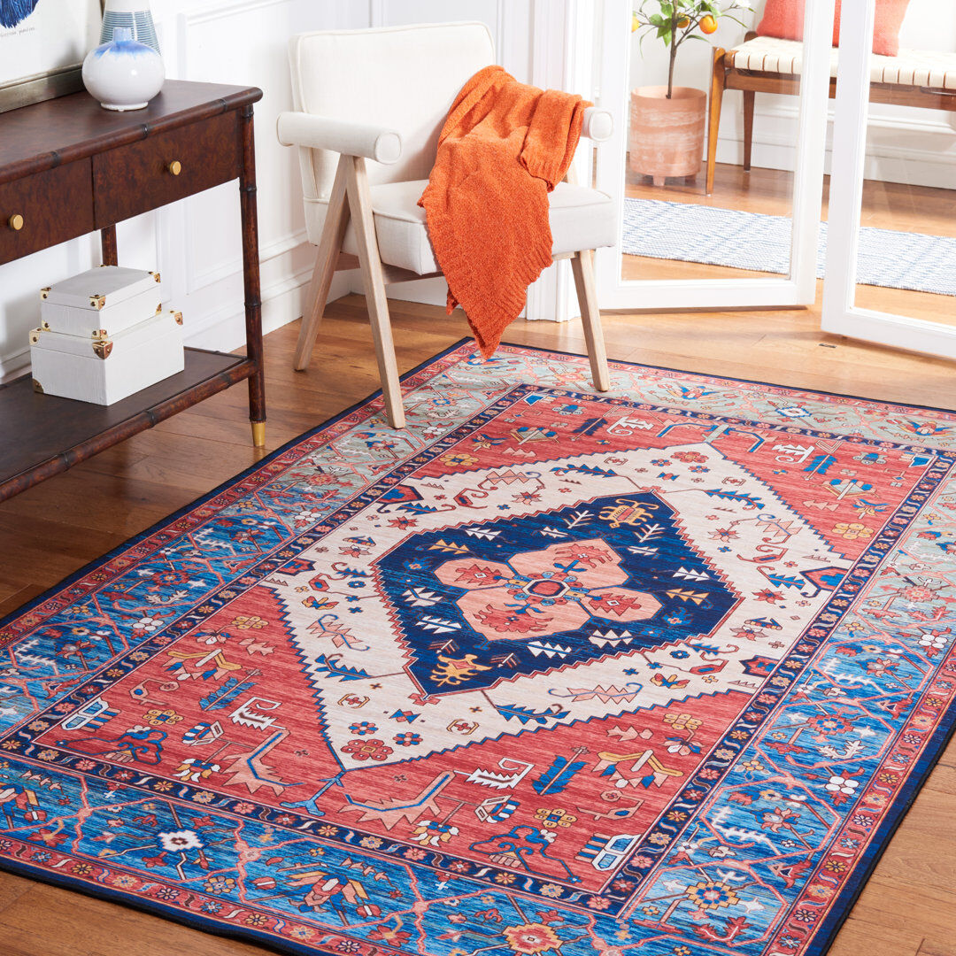 Astoria Grand Tucson Vintage Look Machine Washable Non-Slip Area Rug in Black & Grey Red;Blue Rectangle 183 x 274 cm