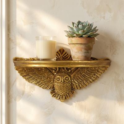 "American Art Decor Vintage Ornate Resin Owl Floating Wall Mounted Shelf - Antique Gold - 6.75"" x 12.25"""
