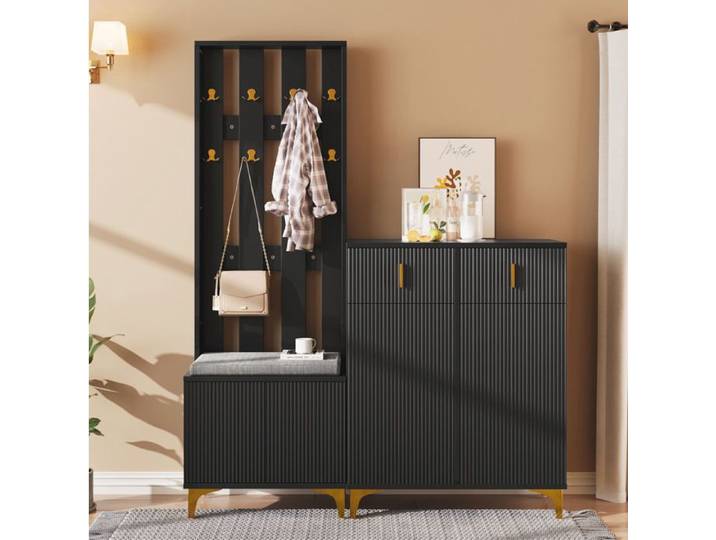 MEULVA Meuble d'entrée avec porte-manteau meuble à chaussures 2 portes 2 tiroirs coussin d'assise noir