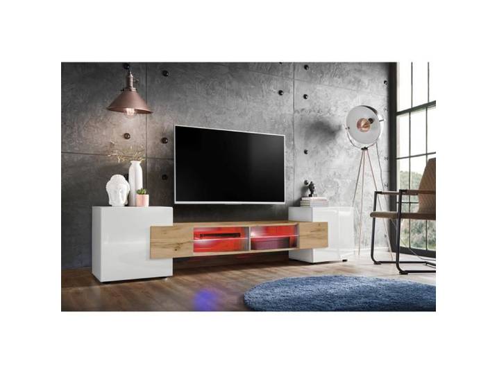 Meuble Banc TV Merano Komodee - LED RGB - Blanc & Wotan - Version 1 - L230cm x H53cm x P35cm