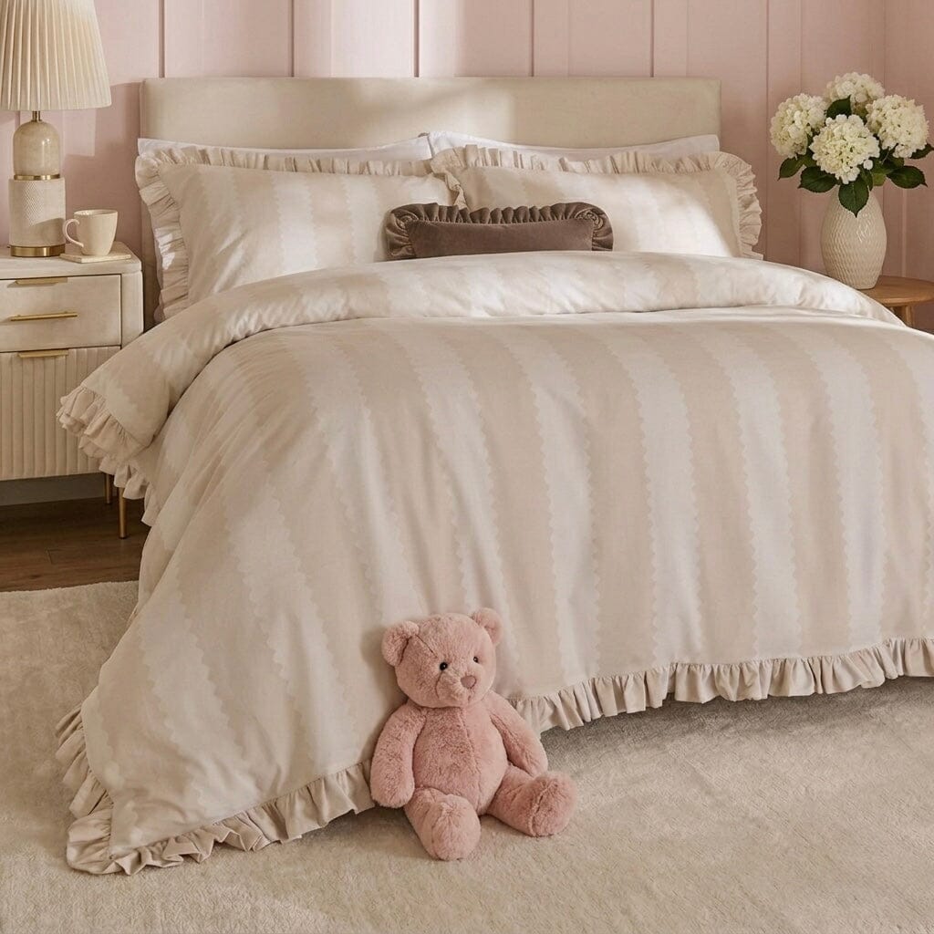 Sasha Oatmeal Striped Frilled Edge Duvet Set, Single