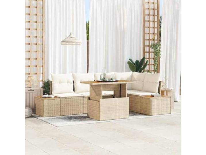 Garten-Esszimmer-Set Beige Poly Rattan 6 Personen Modular mit Stauraum, Eckbank, Tisch, wasserfeste Tasche, wetterfest