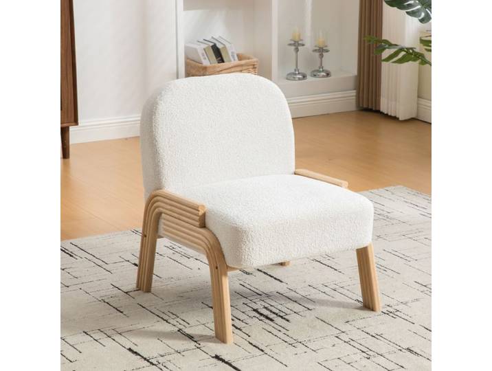 Fauteuil de salon scandinave sans accoudoirs tissu chenille doux pieds bois massif pour chambre salon ivoire