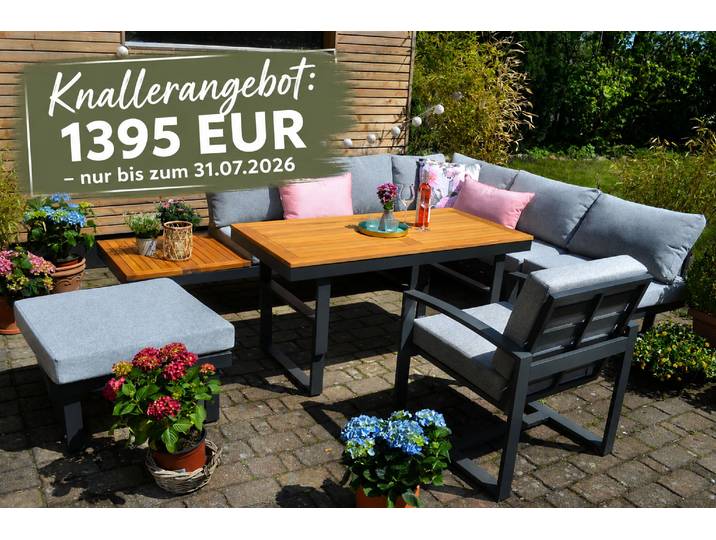Ecklounge Santorini ACACIA Wood - Tisch höhenverstellbar + 1 Lounge Sessel + 1 Hocker/