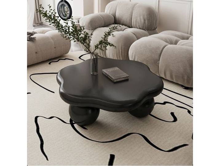 WOVREO Table basse nuage 79x79x31 cm noir mat pieds sphériques MDF montage sans outil