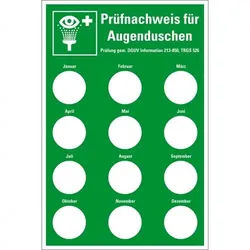 Aufkleber I Prüfnachw.für Augenduschen DGUV Information 213-850, Prüfplakette Ø20mm, Folie, 100x150mm, DGUV