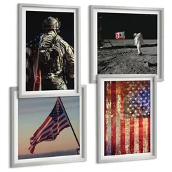 BILDER SET 4er Set - 50x50 cm & 40x60 cm Silberner Rahmen - Amerikanische Symbole, USA-Flagge