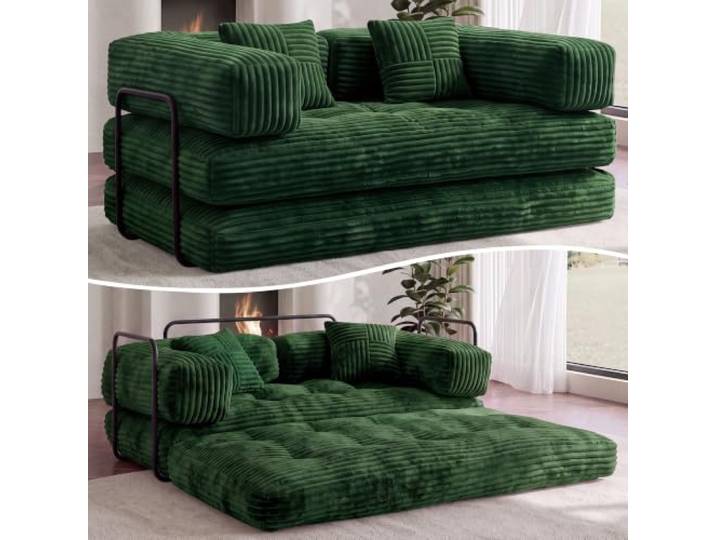 Dyonery Schlafsofa 160cm Breit,5-in-1 Modulares Boneless Couch Grün 2-Sitzer Bodensofa mit Schlaffunktion,Umwandelbares Cordstoff Schlafcouch,Modulares Couch für Wohnzimmer, Büro,Gästezimmer