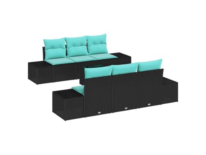 KTHLBRH Gartenmöbel-Set, 8-teilig, Schwarz und Türkis, Polyrattan Modulare Sessel, Glastisch, abnehmbare Kissen mit Reißverschluss, lackierter Stahl, gebogene Armlehnen, Terrassenmöbel