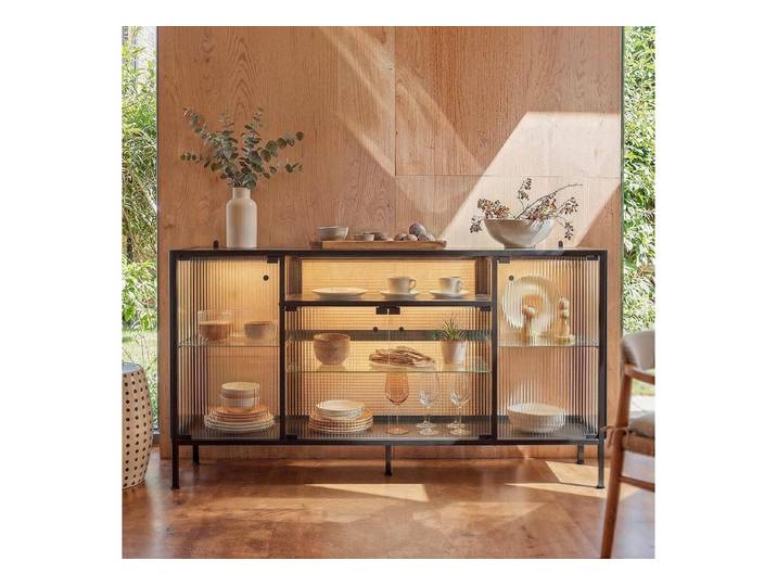 FUFU&GAGA Sideboard 140-160cm Glasvitrine Vitrinenschrank, mit Beleuchtung 3 Farbe