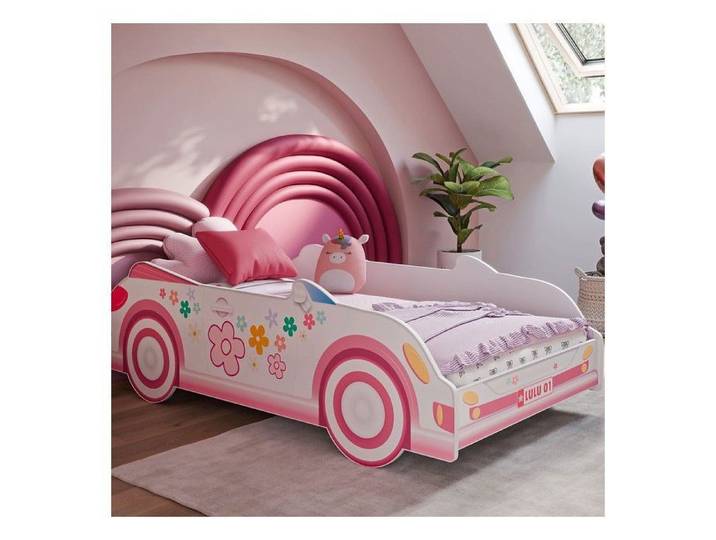 Lit enfant fille voiture rose 160x80 avec matelas et sommier