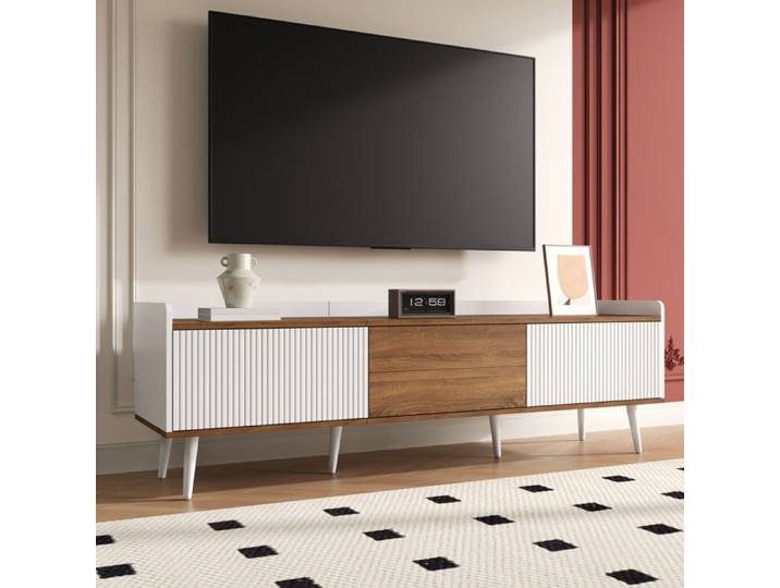 Meuble TV blanc et bois trois portes 160 cm