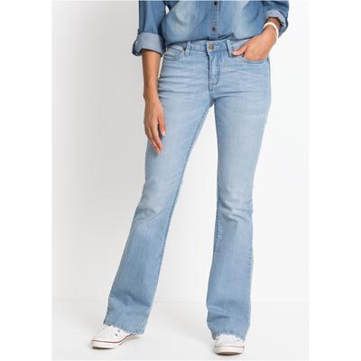 Bootcut-Jeans BONPRIX "Bootcut Jeans Mid Waist, Komfort-Stretch", Damen, Gr. 42, L-Gr, blau (hellblau used), Denim/Jeans, Obermaterial: 82% Baumwolle, 17% Polyester, 1% Elasthan, unifarben, slim fit lang, Jeans, Slim Fit Passform, aus...