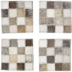 UNTERSETZER grau, 4er-Set mit Patchwork-Karo, Fell & Leder, 10/10 cm