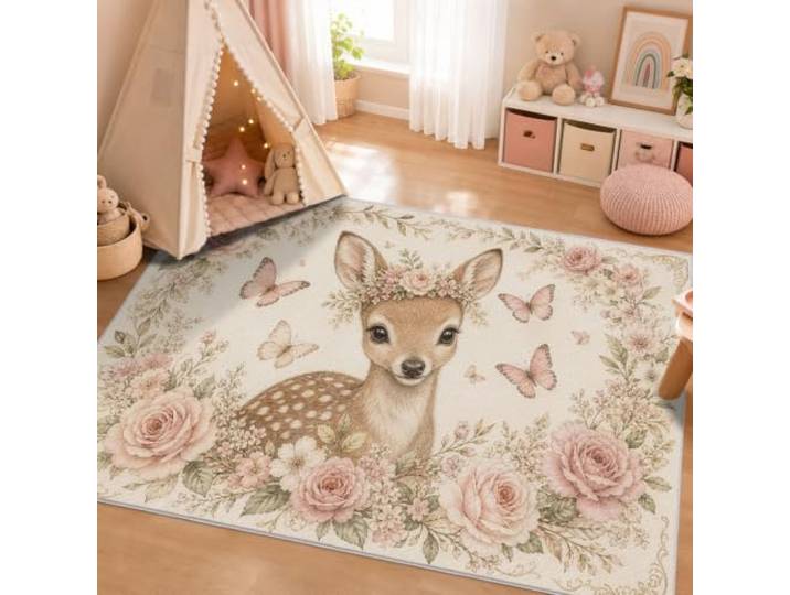 VIXENIUM Teppich Hirsch Blumen Kinderzimmer 160 x 200 cm, Kinderteppich Rosa Braun Waldtiere Kuschelig Cottagecore Muster, Schlafzimmer Bettvorleger, Kurzflor Rutschfest Waschbar, Mädchen, Junge