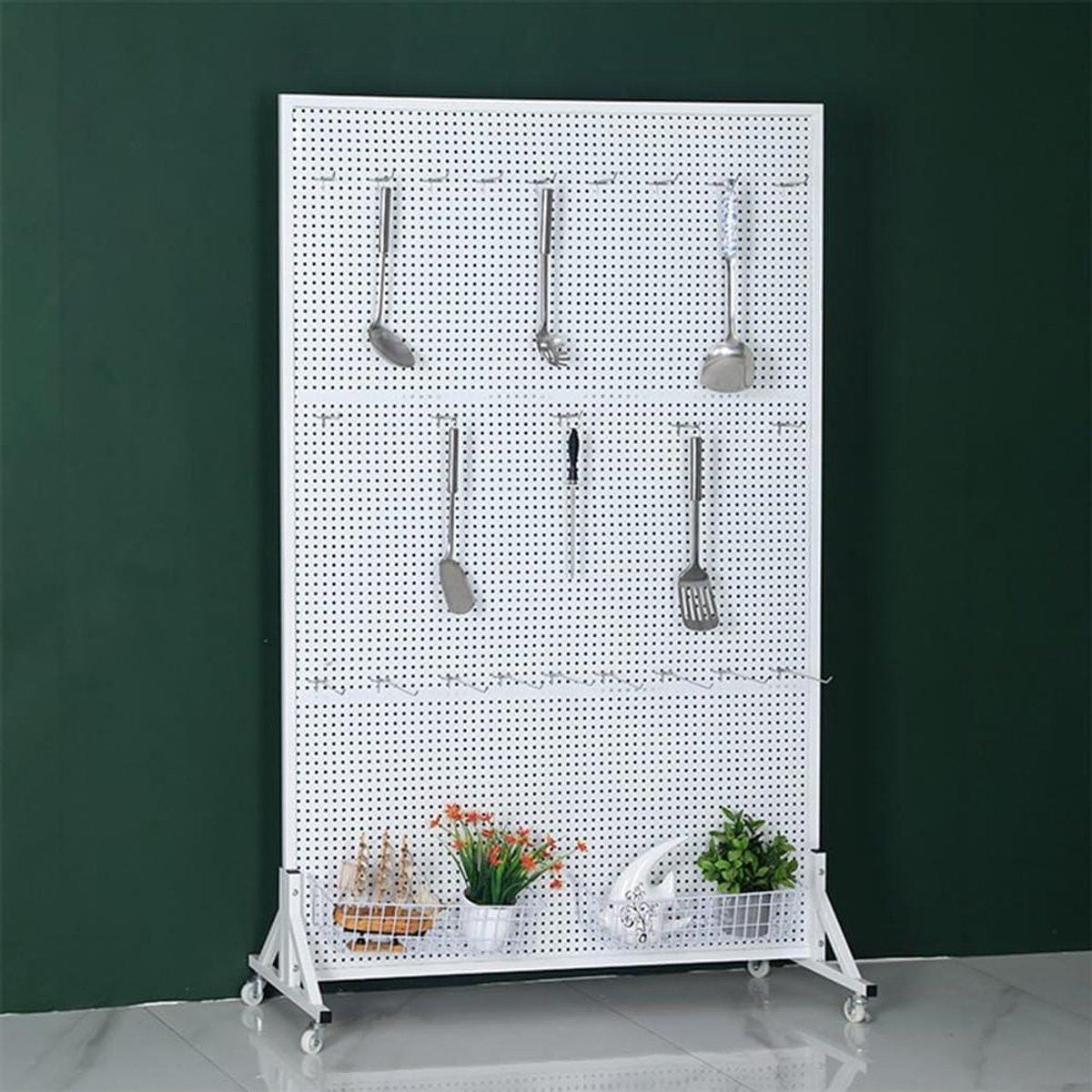 Mobiele Pegboard Displaystandaard met 4 zwenkwielen en ophangstang, Hoogte: 120 cm, Zwart