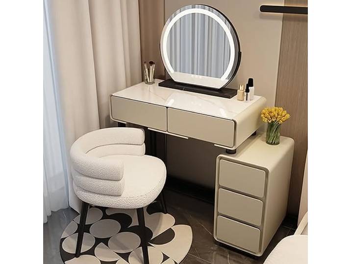 Schminktisch Weiß/beige mit Spiegel Led und Stuhl, Modernes Make Up Tisch Set mit Beweglicher Nachttisch und Schubladen, für Schlafzimmer, Zuhause, Zimmer (Color : Beige, Size : L:80cm/31.5in)