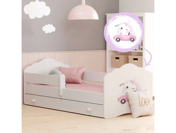 Lit enfant FALA 160x80 avec barrière matelas sommier et tiroir – avec motif chaton
