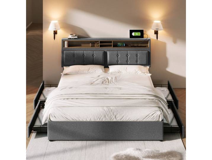 Lit rembourré - KOMHTOM - KOMHTOM - 140x200 - 4 tiroirs - Tête de lit réglable USB‑C