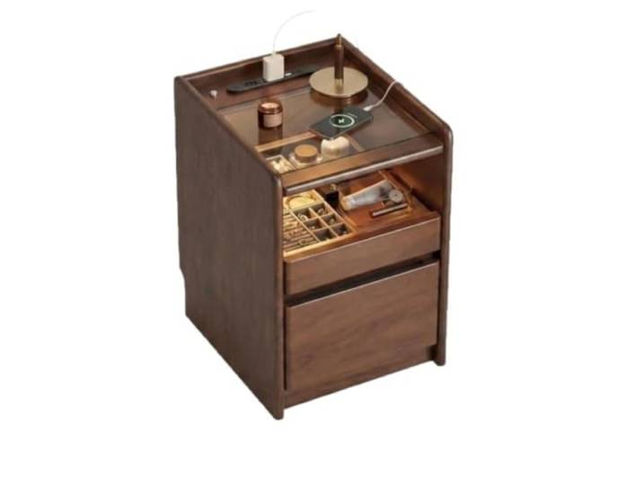 Schmaler Nachttisch aus massivem Holz, Sockel, 2 Schubladen Nachttisch, schmale Größe, Walnuss, komplett montiert(55*35cm,Smart style)