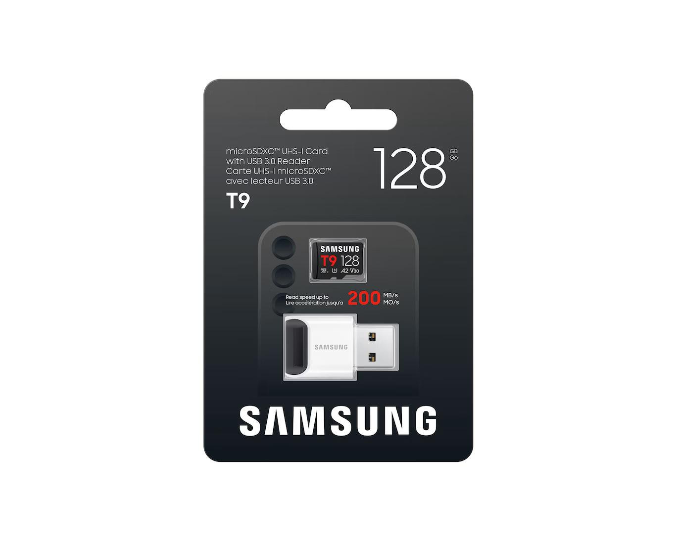 Samsung T9 microSDXC Speicherkarte 128GB (200 MB/s, Class 10, A2, V30, U3) mit Reader