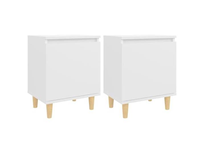Fisinber Nachttisch 2er Set Weiß 40x30x50 cm mit Holzbeinen Kompakte Nachtkommode fürs Schlafzimmer: Stauraum-Fach, flexibel anpassbare Tür und Beine aus Eukalyptus-Massivholz.