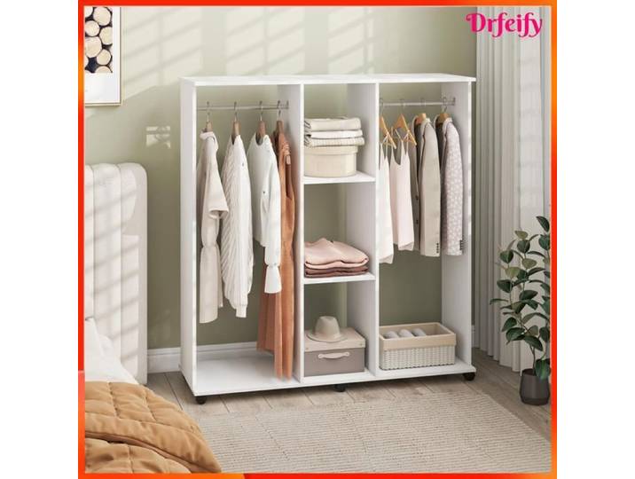 Armoire penderie - AKOZON - 8467 - 6 roulettes pivotantes - 120x40x128 cm - 2 barres & 3 étagères