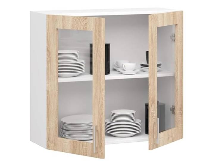 BDW - Küchenschrank Vitrine Hängend - Oberschrank Küche - Weiß/Sonoma-Eiche - 80x30,5x72cm - mit 2 Türen und Griffen - Küchenschränke Einzeln, Wandschrank, Küchenhängeschrank - OLIWIA1 STK