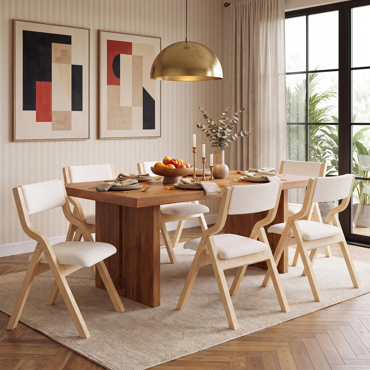 Pugsdrly Set van 6 opvouwbare eetkamerstoelen van massief hout, beige linnen, moderne stijl