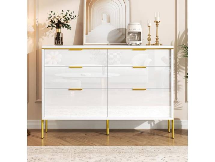 Buffet moderne avec 6 tiroirs blanc brillant et accents dorés 120x40x85 5cm grand espace de rangement pour salon salle à manger