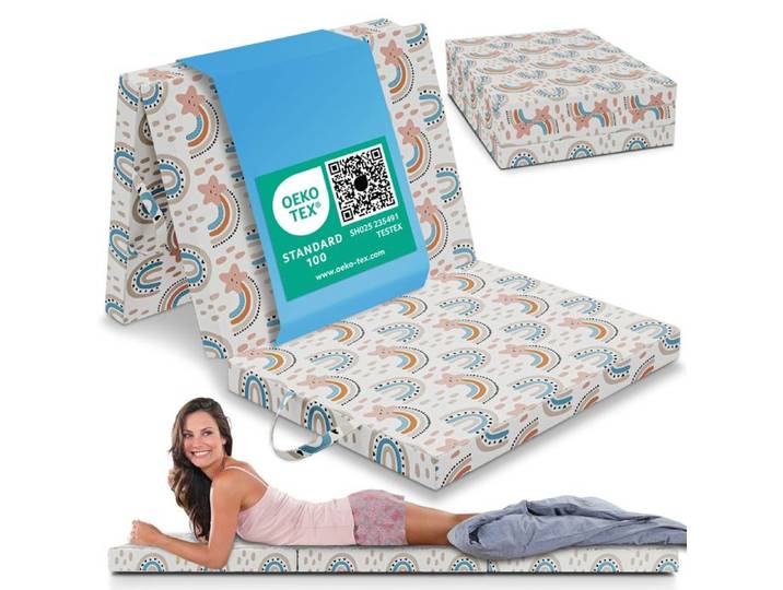 Matelas pliant ELONEO 90 × 200 cm épaisseur 8 cm lit d'appoint ou de voyage housse amovible et lavable motif arc-en-ciel