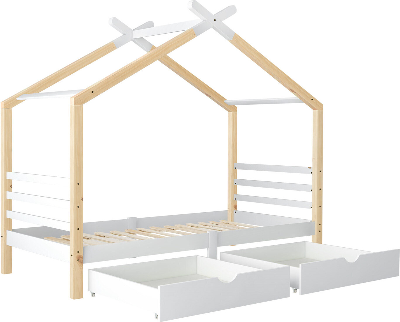 Kinderbett Hausbett mit Schubladen,Massivholz mit Lattenrost, Kiefernholz Hausbett , Kinder und Jugendzimmer, weiß+holzfarbe