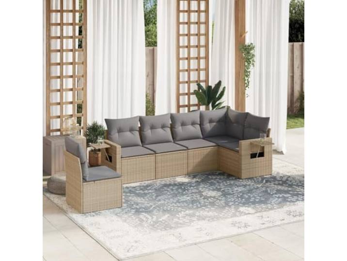 ZQQLVOO 6-TLG. Poly Rattan Sofagarnitur Beige mit Kissen Modulares Design, klappbare Ablagen, abnehmbare waschbare Bezüge, für Terrasse
