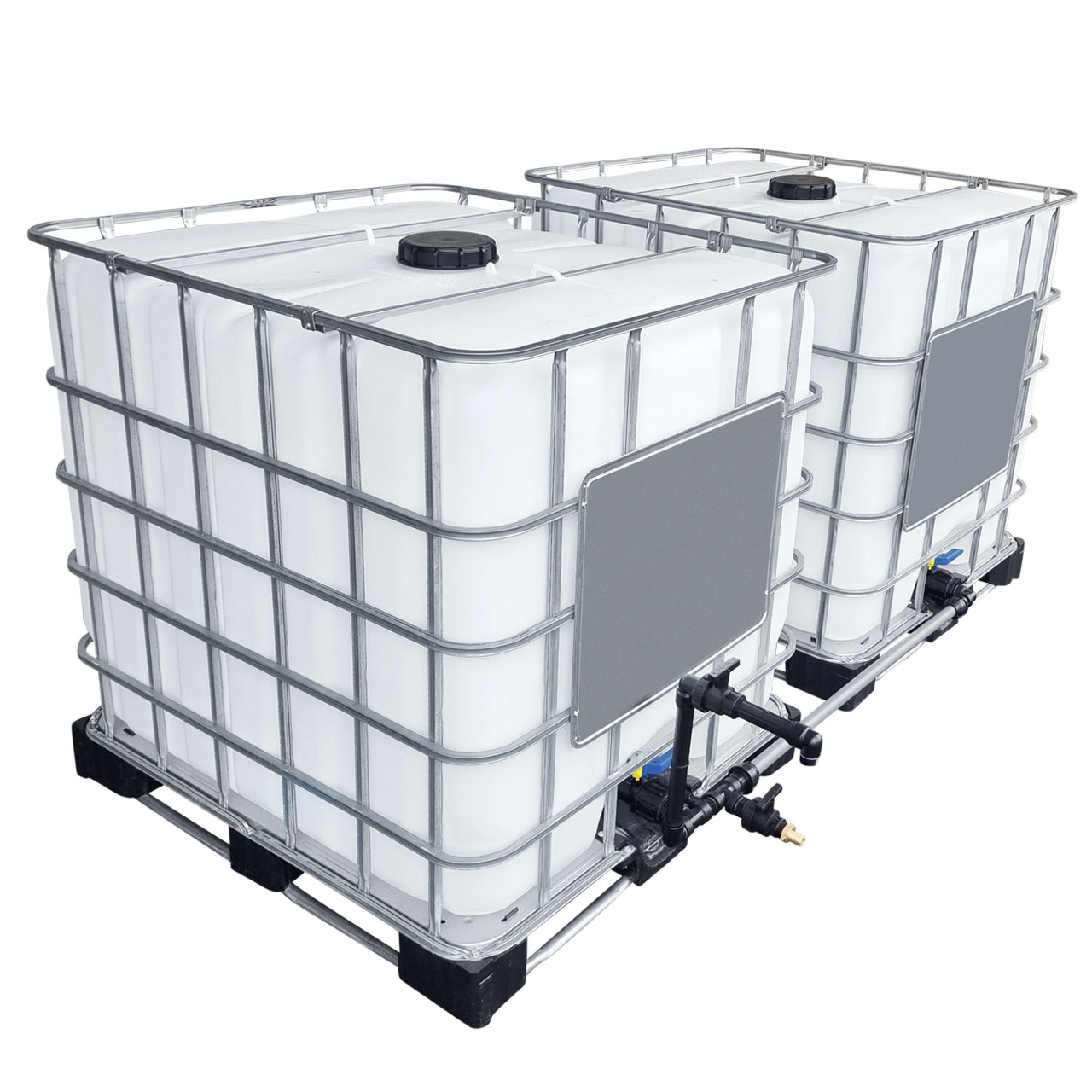 REKUBIK 2000l IBC Wassertank nebeneinander Schwanenhals mit Rohr Tankverbindung 32mm