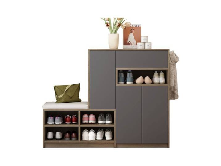 Banc de rangement pour chaussures et armoire à chaussures banc à chaussures avec siège rembourré 140 × 35 × 110 cm Gris