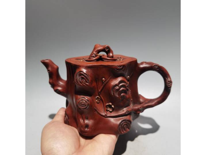 Pot en argile violette Yixing chinois de 8 pouces, motif de fleur de prunier, bouilloire en forme de souche d'arbre, théière, Flagon, ornements de bureau, ambassez la richesse