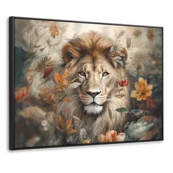 LEINWAND Bilder mit Rahmen - Löwe - Wildtiere - Pflanzen - Natur - Blumen - 70x50