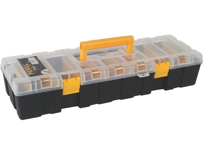 Perel Assortimentsdoos\, max. 9 compartimenten\, 8 tussenschotten\, transparant deksel\, stapelbaar\, 460 x 160 x 90 mm\, zwart/geel
