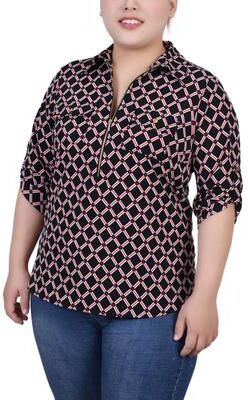 NY COLLECTION 3/4 Roll Tab Sleeve Zip Front Top