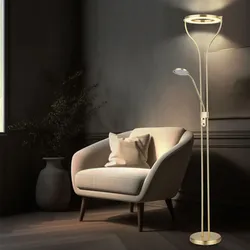 Stehleuchte Stehlampe Deckenfluter Wohnzimmerleuchte Schlafzimmerlampe, dimmbar, flexibler Lesespot, messingfarben matt satiniert, LED 20W 1800Lm warmweiß, LxBxH 35x30x194cm