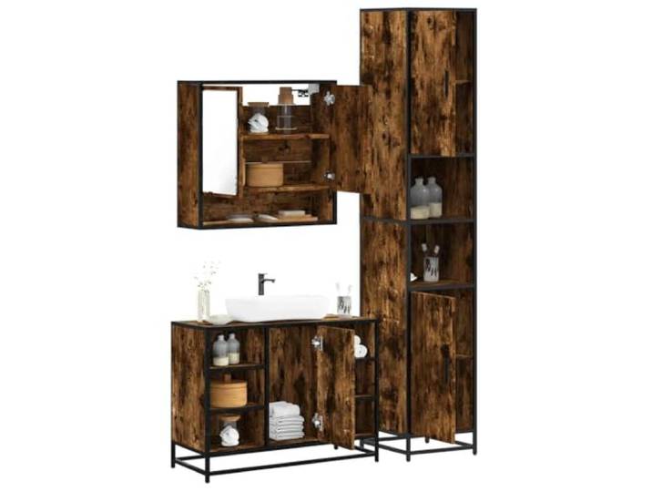 ZQQLVOO 3-TLG. Badmöbel-Set Räuchereiche Holzwerkstoff Metallgestell, Lowboard, Waschbeckenunterschrank, Spiegelschrank, Wandmontage, reichlich Stauraum, kleinere Räume