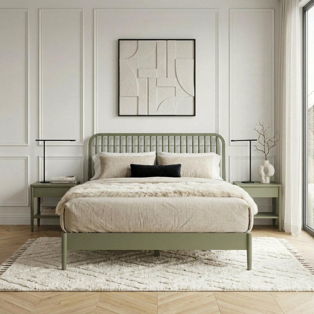 George Oliver Kentwood Solid Wood Double Bed Kale Green 114cm H X 143cm W X 203.5cm L