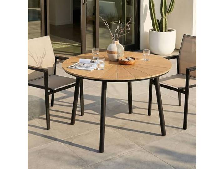 IDIMEX Gartentisch Agape rund 120x75cm, Schwarz/Natur – wetterfester Outdoor Tisch mit Aluminiumgestell und pflegeleichter WPC-Tischplatte in Holzoptik für Garten Terrasse oder Balkon