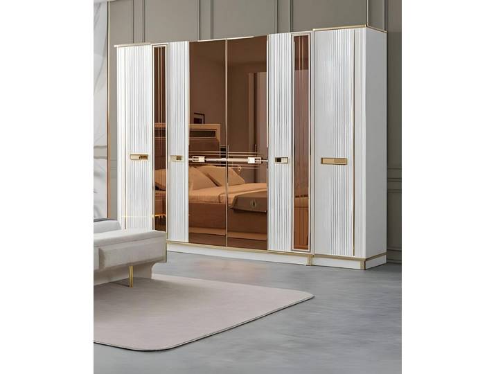 JVmoebel Kleiderschrank Stilvoller Kleiderschrank in Weiß mit Spiegeln und goldenen Details