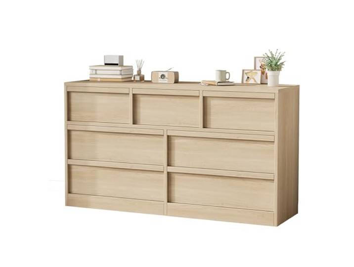 Praktischer Stauraum & modernes Holzdesign Kommode – Breiter Schrank mit 7 Schubladen, ideal für Wohn- & Schlafzimmer, Kinderzimmer oder Flur, als TV-Schrank – Naturholzoptik – Farbe: Wood color,