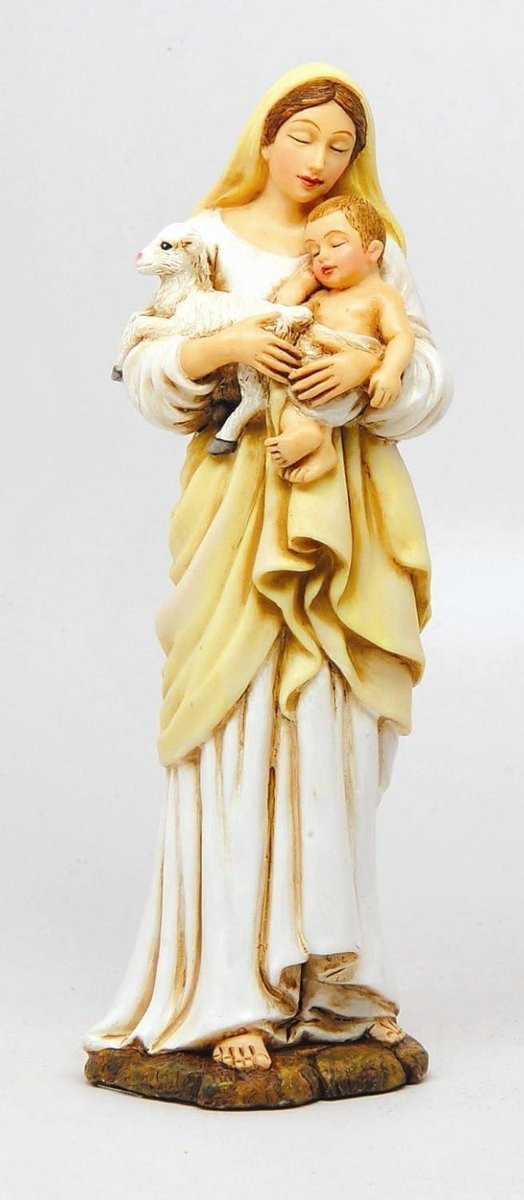 Madonna Kind Lam Beeld Wit - Religieus Decoratief Figuur - Hoogte: 15,24 cm