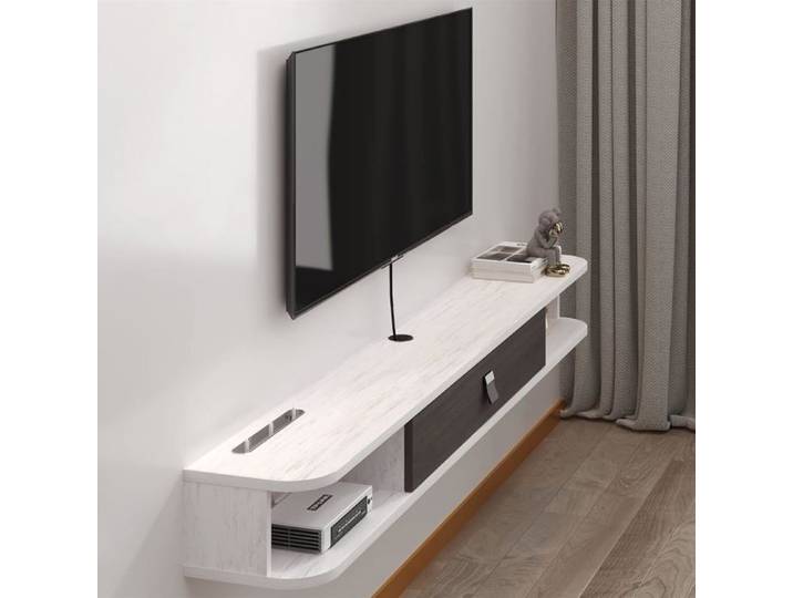 Meuble TV mural suspendu en bois avec portes et rangements intégrés - console design moderne pour salon