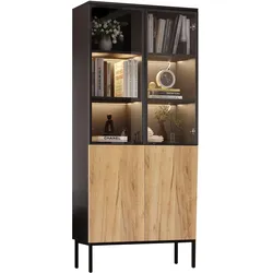 VITRINE mit Glastüren Schwarz und Eiche
